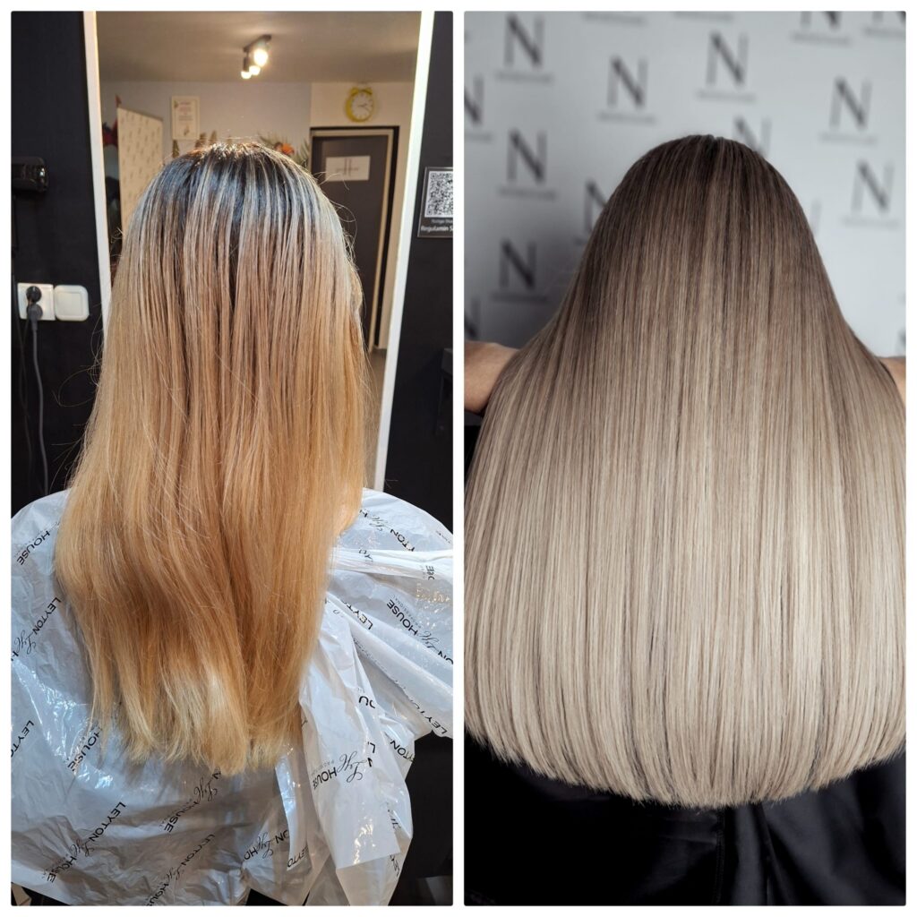 Efekt korekty koloru blond wykonanej w Natigo Studio Poznań Rataje