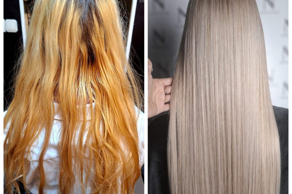 Metamorfoza blond włosów – efekt profesjonalnej koloryzacji i regeneracji wykonanej w salonie fryzjerskim w Poznaniu.