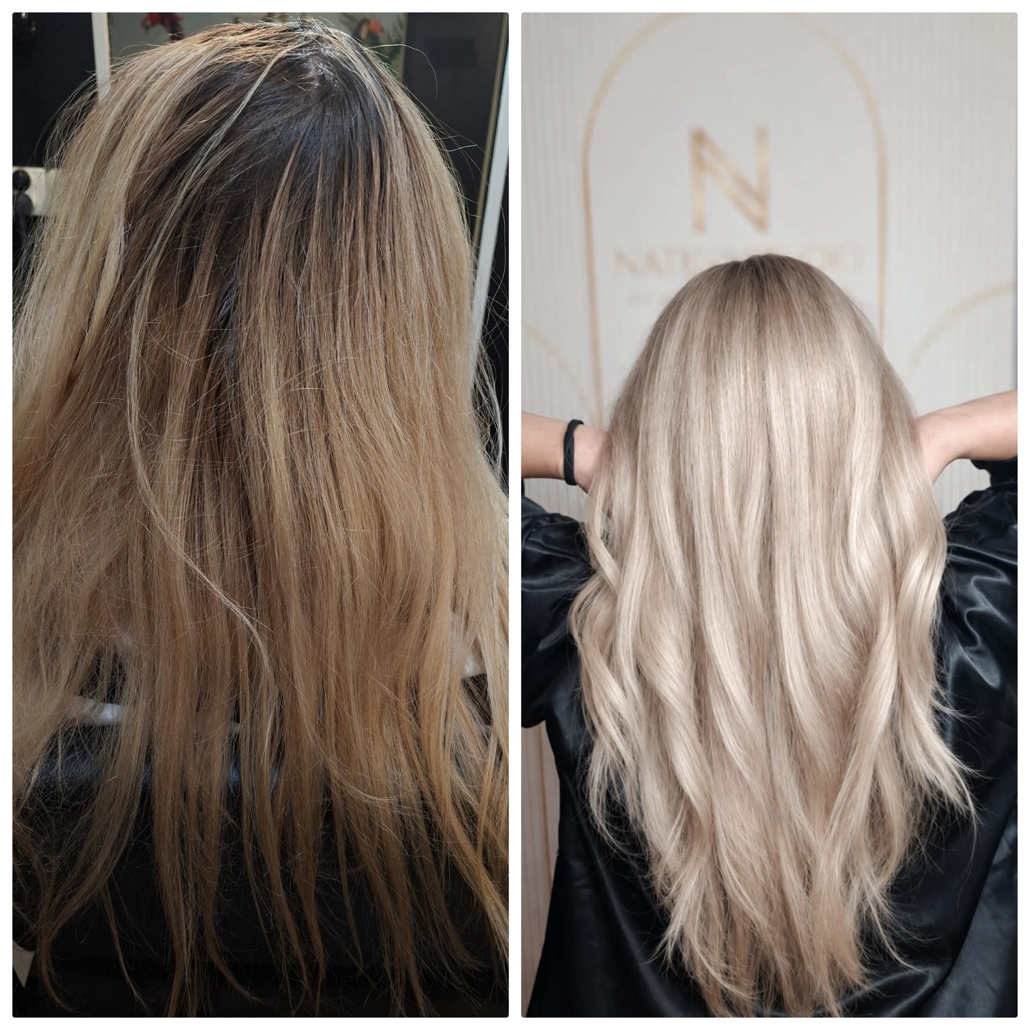 Metamorfoza blond w Natigo Studio, Poznań Rataje — włosy przed koloryzacją (po lewej) i po (po prawej)